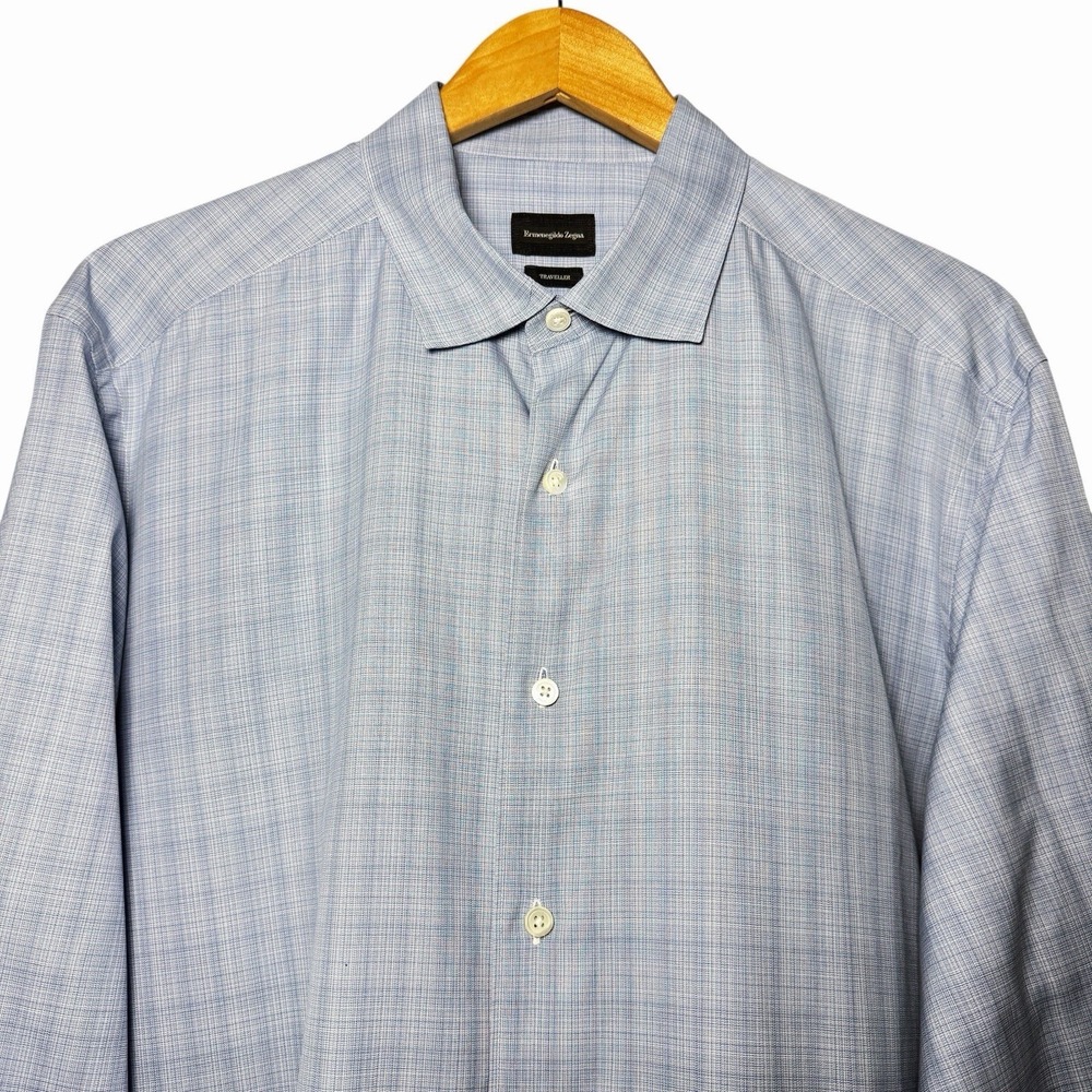 Ermenegildo Zegna Mens Traveller XL Blue Check Luxury 100% Cotton Shirt Designer - Picture 6 of 12